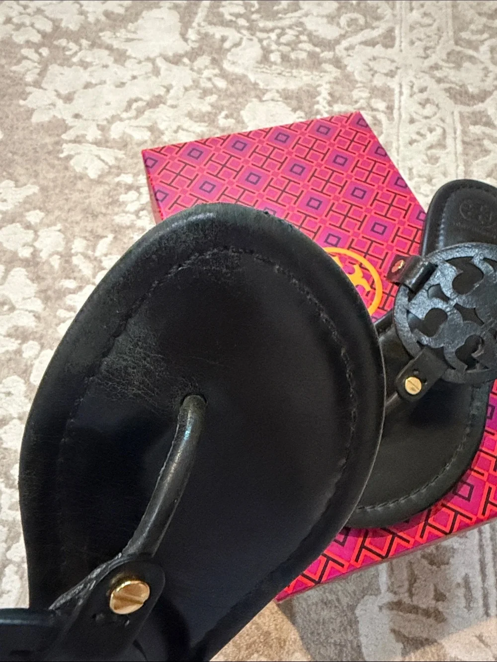 Tory Burch Black Miller Logo Leather Thong Sandals